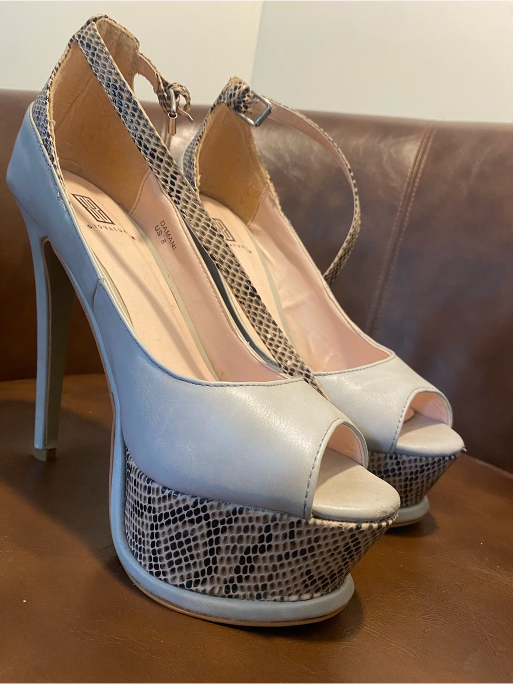 Nude Peep-Toe Platform Heels with Snake-Print Trim